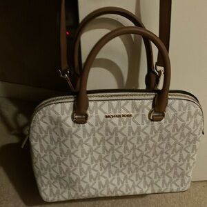 MICHAEL Michael Kors White and Brown Satchel with Iconic Design